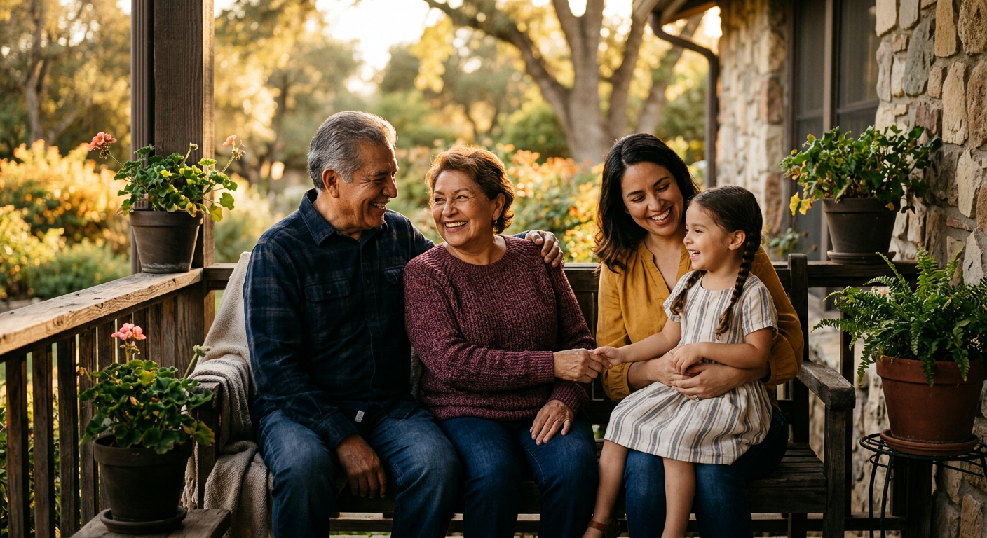 Multi-generational family smiling together on a porch at golden hour